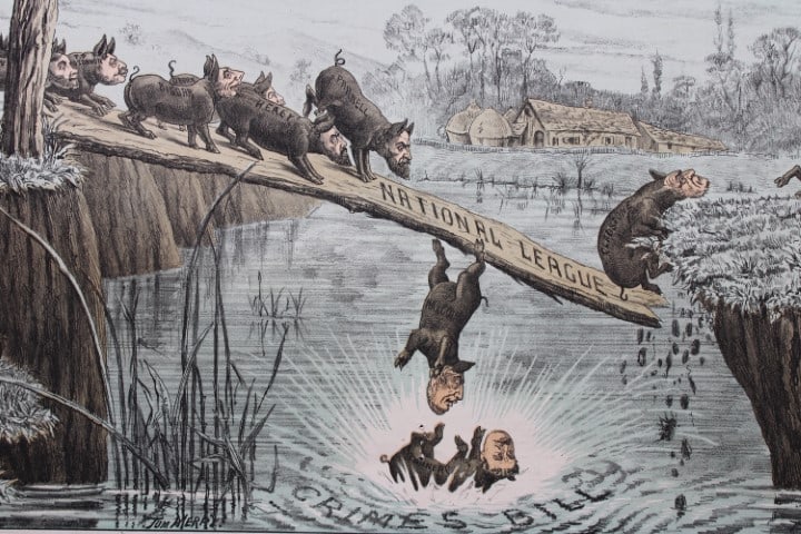 Tom Merry political cartoon - Terrible catastrophe 1887: This double-page coloured lithograph is from St Stephen?s review by Tom Merry (the pseudonym of William Mecham). Merry was a cartoonist and political satirist who created the centrespread, in colour,