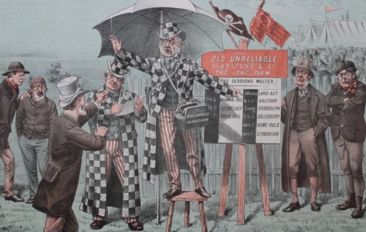 Tom Merry political cartoon - Doncaster 1887: This double-page coloured lithograph is from St Stephen?s review by Tom Merry (the pseudonym of William Mecham). Merry was a cartoonist and political satirist who created the centrespread, in colour,