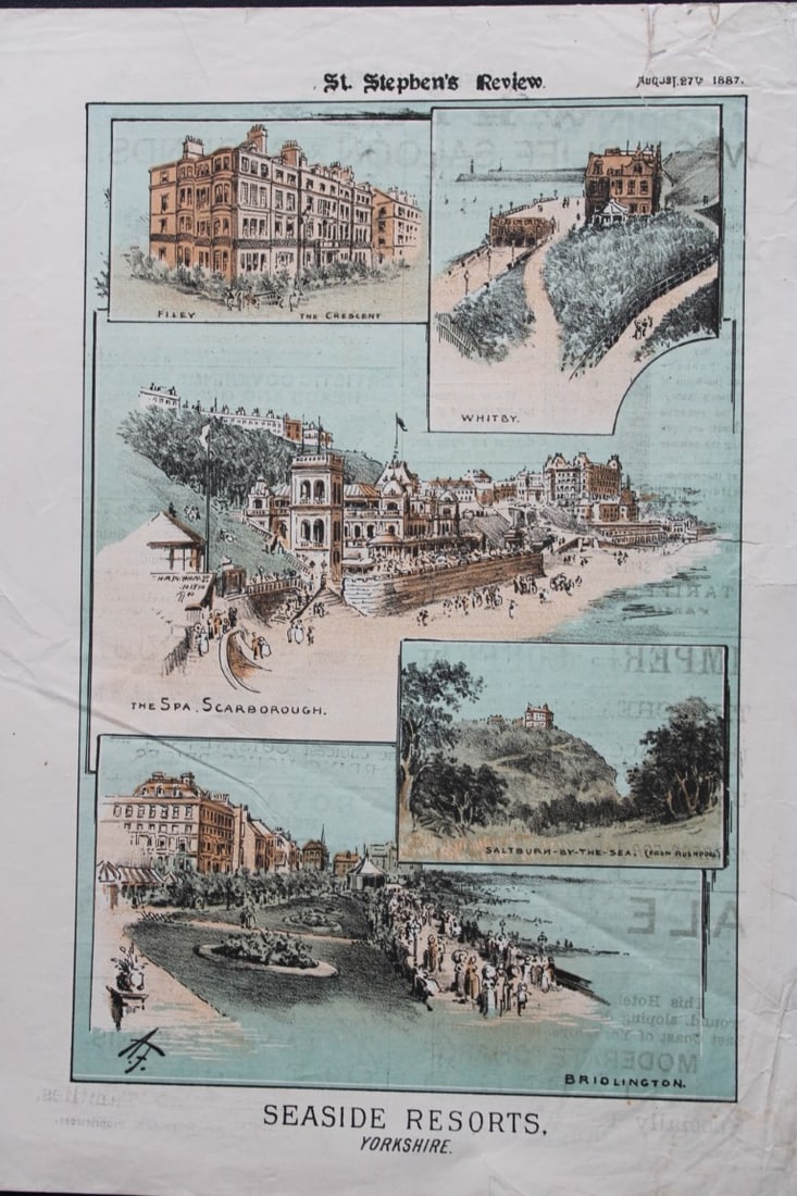 Tom Merry political cartoon - Yorkshire Seaside Resorts 1887: This single page coloured lithograph is from St Stephen?s review by Tom Merry (the pseudonym of William Mecham). Merry was a cartoonist and political satirist who created the centrespread, in colour,
