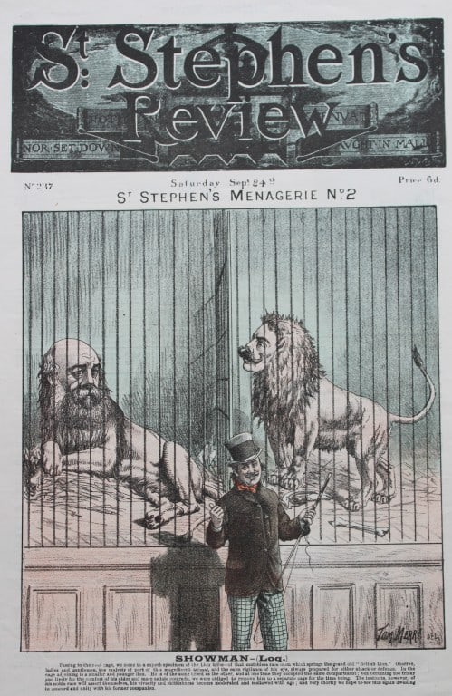 Tom Merry political cartoon - St Stephen's Menagerie No. 2 1887: This single page coloured lithograph is from St Stephen?s review by Tom Merry (the pseudonym of William Mecham). Merry was a cartoonist and political satirist who created the centrespread, in colour,
