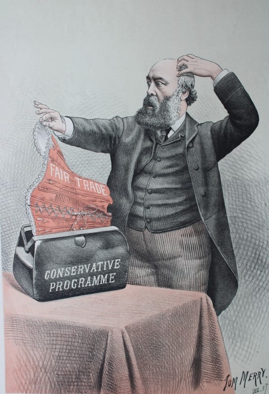 Tom Merry political cartoon - O' What A Surprise 1887: This single page coloured lithograph is from St Stephen?s review by Tom Merry (the pseudonym of William Mecham). Merry was a cartoonist and political satirist who created the centrespread, in colour,