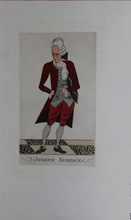R Ben Sussan - 2 hand-coloured etchings from The School for Scandal by Sheridan 1934: Joseph and Charles Surface. These hand coloured etchings by Rene Ben Sussan are from The School for Scandal ? A Comedy by R Sheridan. Published in Oxford and printed for the Members of the Limited Edi