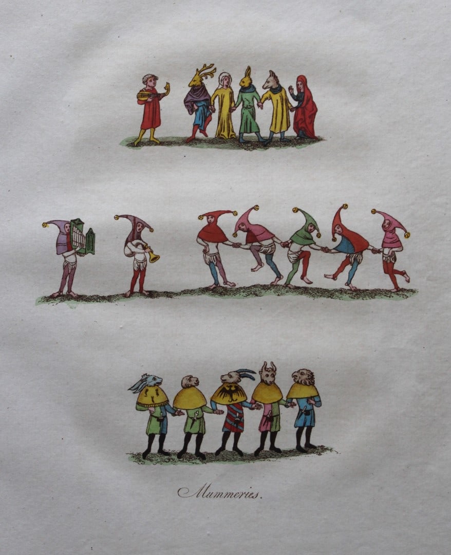 Joseph Strutt - Mummeries & Gleemen 1801: These beautifully hand-coloured engraved plates are from Glig-Gamena Angel-Deod, or, The Sports and Pastimes of the People of England by Joseph Strutt. Published by T. Bensley & J. White, London 1801.