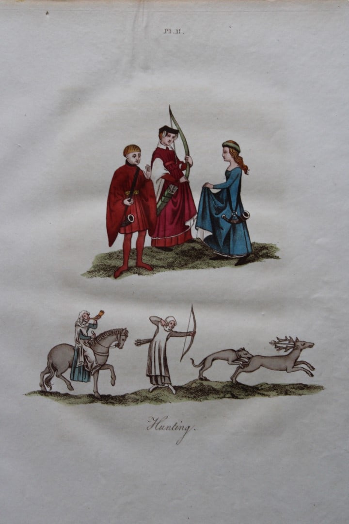 Joseph Strutt - Hunting & Hawking 1801: These beautifully hand-coloured engraved plates are from Glig-Gamena Angel-Deod, or, The Sports and Pastimes of the People of England by Joseph Strutt. Published by T. Bensley & J. White, London 1801.