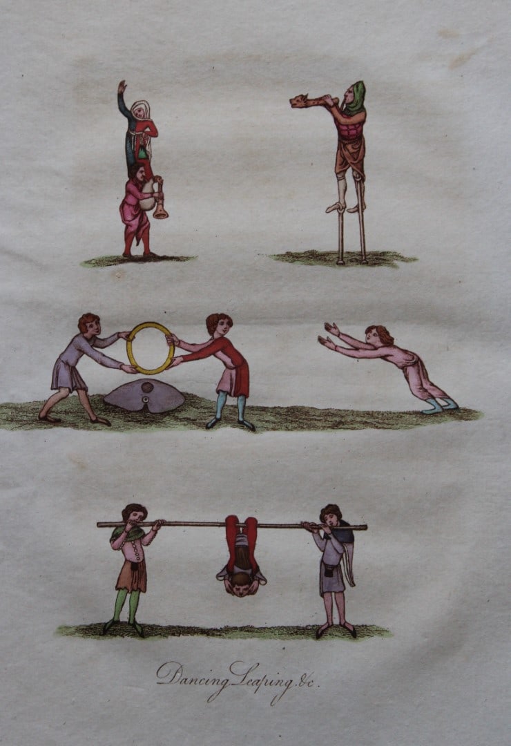 Joseph Strutt - Dancing & Tumbling 1801: These beautifully hand-coloured engraved plates are from Glig-Gamena Angel-Deod, or, The Sports and Pastimes of the People of England by Joseph Strutt. Published by T. Bensley & J. White, London 1801.