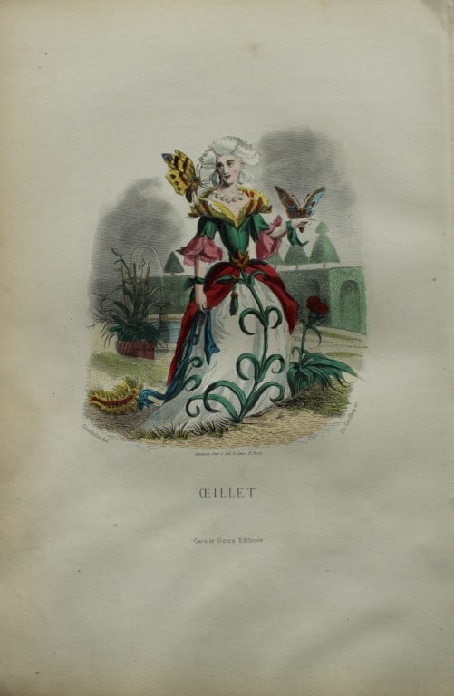 JJ Grandville - Lithograph of Les Fleurs Animees 1846: This charming lithographic print is from Les Fleurs Animees by Jean Jacques Grandville published in 1846. Grandville (pseudonym for Jean Ignace Isador Gerard 1803-1847) worked as an illustrator, paint