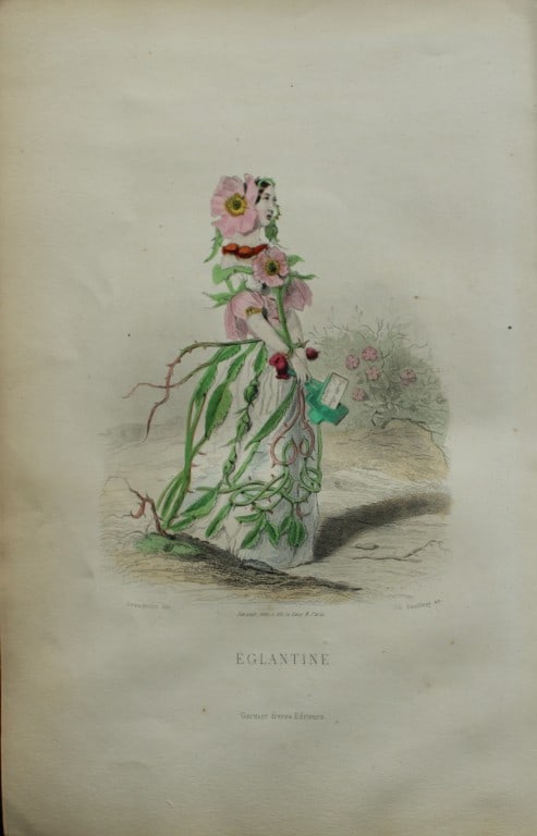 JJ Grandville - Lithograph of Les Fleurs Animees 1846: This charming lithographic print is from Les Fleurs Animees by Jean Jacques Grandville published in 1846. Grandville (pseudonym for Jean Ignace Isador Gerard 1803-1847) worked as an illustrator, paint