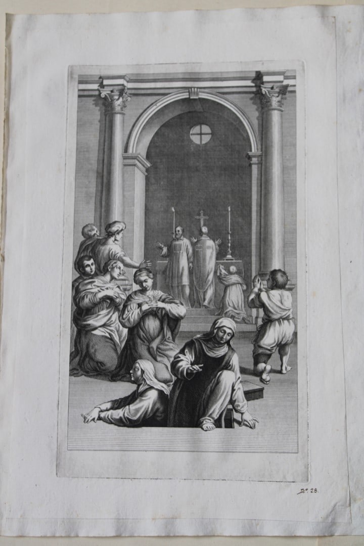 Lodovico Carracci - rare engraving of Cloisters in Bologne monastery 1776: This rare copper engraving is from Il Claustro di S. Michele in Bosco di Bologna dipinto dal famoso Lodovico Carracci e da altri Eccellenti Maestri usciti Dalla Sua Scuola descritto ed illustrato da G