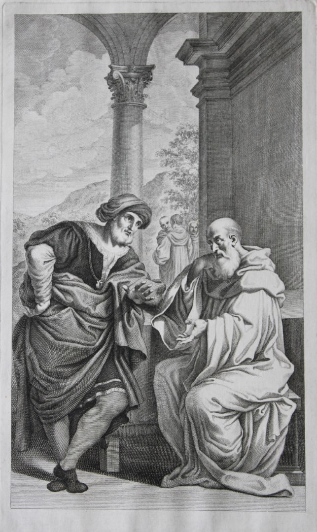 Lodovico Carracci - rare engraving of Cloisters in Bologne monastery 1776: This rare copper engraving is from Il Claustro di S. Michele in Bosco di Bologna dipinto dal famoso Lodovico Carracci e da altri Eccellenti Maestri usciti Dalla Sua Scuola descritto ed illustrato da G