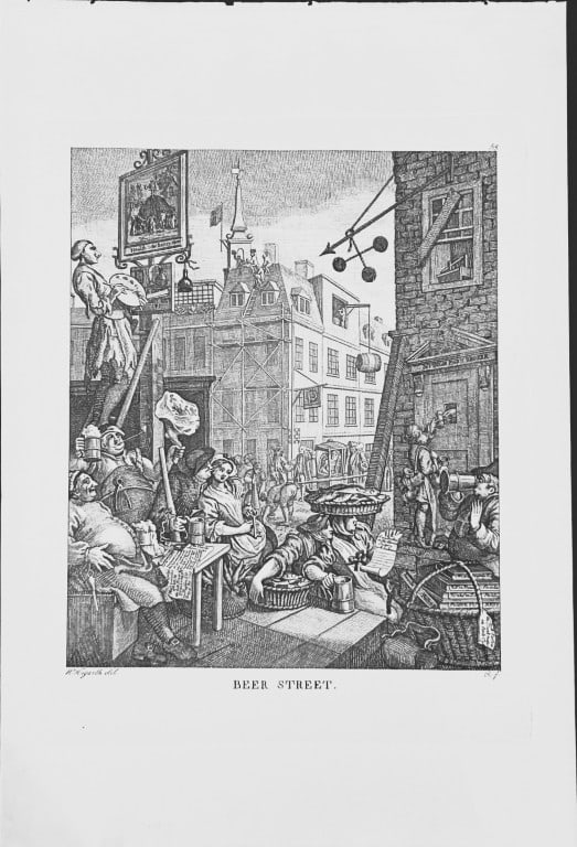 W Hogarth - 2 Engravings Gin Lane and Beer Street by Riepenhausen 1820: This set of engravings was made by Ernst Ludwig Riepenhausen after William Hogarth. Published in Weimar 1820.Ernst Ludwig Riepenhausen (1765-1840) was well respected for his engravings after Hogarth,
