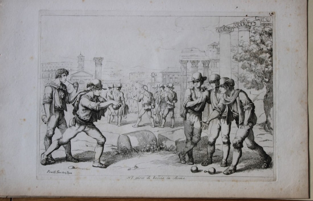 Il gioco di boccia in Roma by B Pinelli from Costumi Pittoreschi 1809: This etching is from Raccolta di Cinquanta Costumi Pittoreschi incisi all acqua forte da Bartolomeo Pinelli Romano. Published by Lorenzo Lazzari, Rome 1809.This plate is entitled: Il gioco di boccia i
