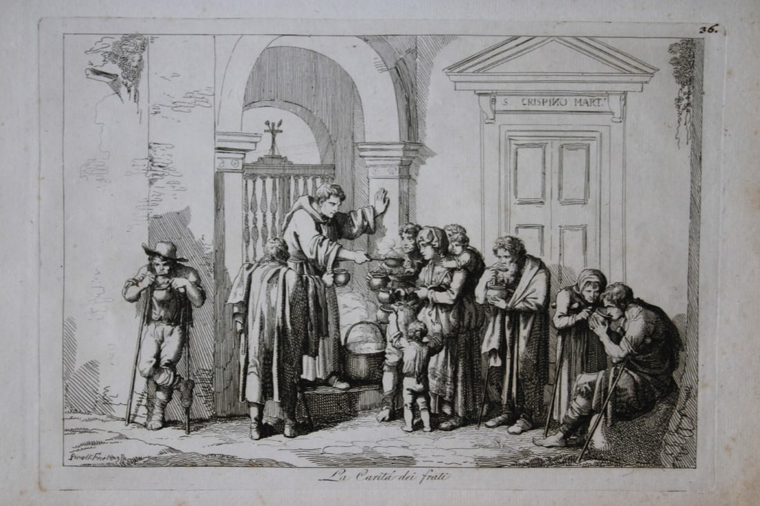 La Carita dei frati by B Pinelli from Costumi Pittoreschi 1809: This etching is from Raccolta di Cinquanta Costumi Pittoreschi incisi all acqua forte da Bartolomeo Pinelli Romano. Published by Lorenzo Lazzari, Rome 1809.This plate is entitled: La Carita dei frali