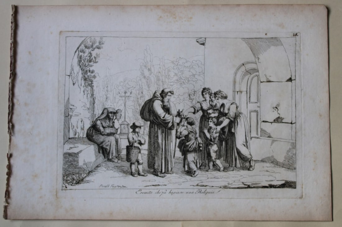 Eremita che fa bagiare una Reliquia by B Pinelli from Costumi Pittoreschi 1809: This etching is from Raccolta di Cinquanta Costumi Pittoreschi incisi all acqua forte da Bartolomeo Pinelli Romano. Published by Lorenzo Lazzari, Rome 1809.This plate is entitled: Eremita che fa bagia