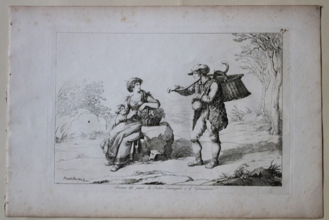 Donna del paese di Pietra Ferrazana by B Pinelli from Costumi Pittoreschi 1809: This etching is from Raccolta di Cinquanta Costumi Pittoreschi incisi all acqua forte da Bartolomeo Pinelli Romano. Published by Lorenzo Lazzari, Rome 1809.This plate is entitled: Donna del paese di P