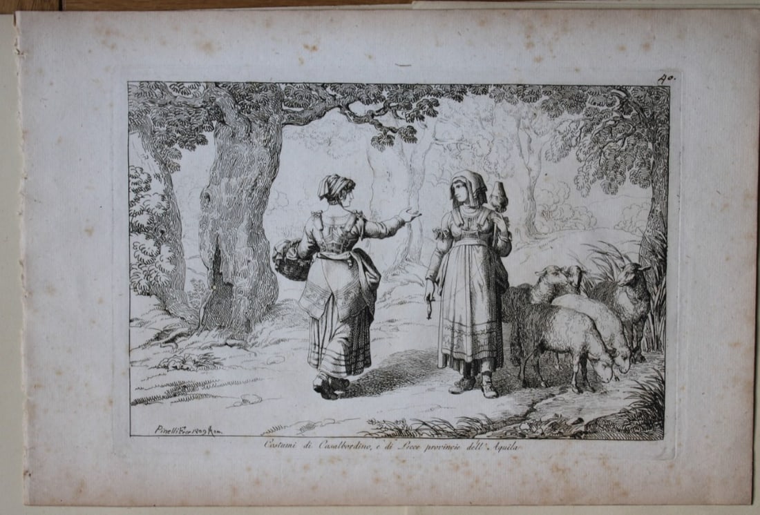 Costumi di Casalbordino by Pinelli from Costumi Pittoreschi 1809: This etching is from Raccolta di Cinquanta Costumi Pittoreschi incisi all acqua forte da Bartolomeo Pinelli Romano. Published by Lorenzo Lazzari, Rome 1809.This plate is entitled: Tira Vento - It's wi