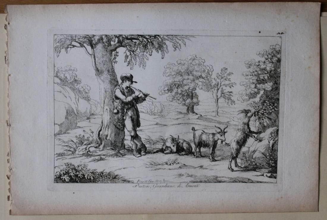 Pastore, Guardiano di Armenti by B Pinelli from Costumi Pittoreschi 1809: This etching is from Raccolta di Cinquanta Costumi Pittoreschi incisi all acqua forte da Bartolomeo Pinelli Romano. Published by Lorenzo Lazzari, Rome 1809.This plate is entitled: Pastore, Guardiano d