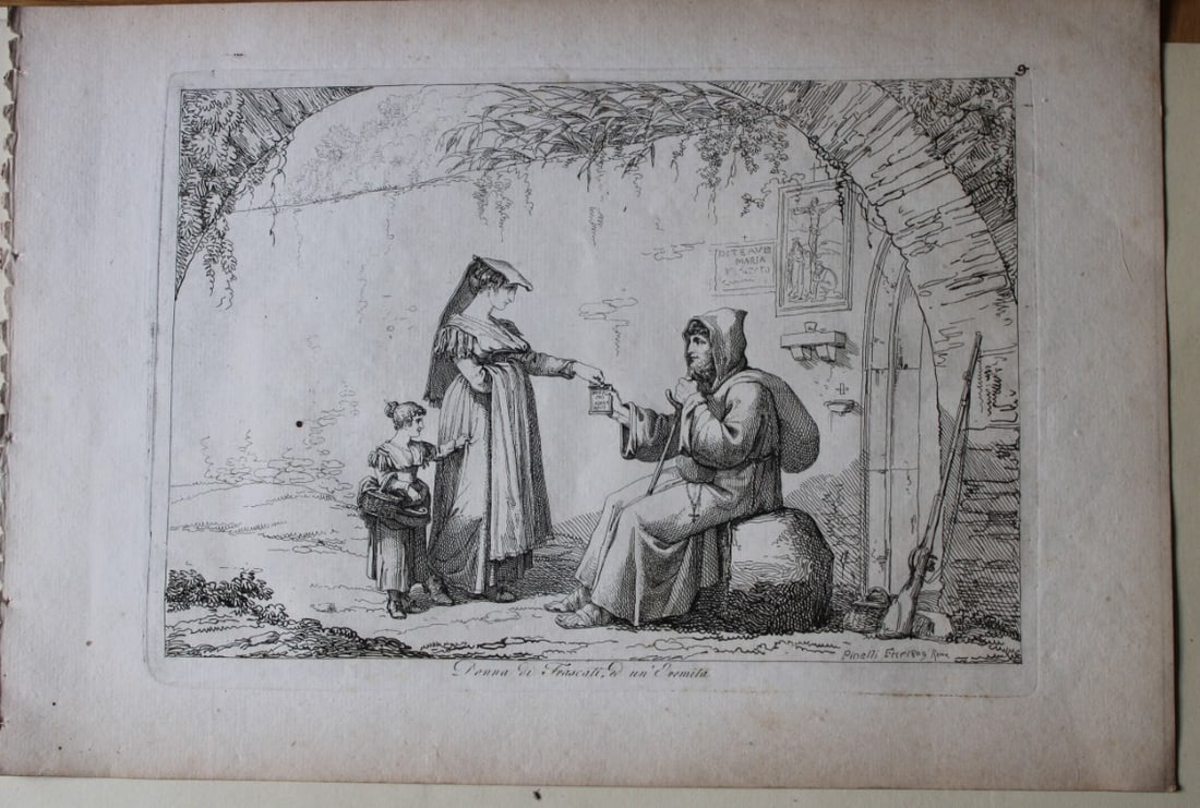Donna di Frascati e un eremita by B Pinelli from Costumi Pittoreschi 1809: This etching is from Raccolta di Cinquanta Costumi Pittoreschi incisi all acqua forte da Bartolomeo Pinelli Romano. Published by Lorenzo Lazzari, Rome 1809.This plate is entitled: Donna di Frascati e
