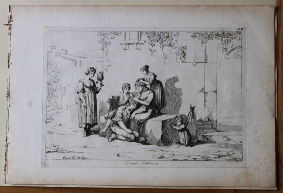 Gruppo Pittoresco by B Pinelli from Costumi Pittoreschi 1809: This etching is from Raccolta di Cinquanta Costumi Pittoreschi incisi all acqua forte da Bartolomeo Pinelli Romano. Published by Lorenzo Lazzari, Rome 1809.This plate is entitled: Gruppo PittorescoThi