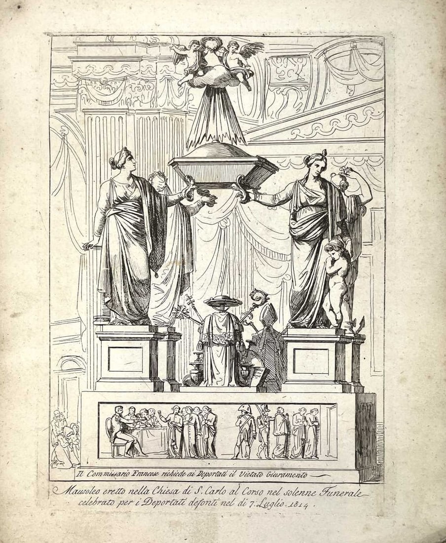 B Pinelli - Mausoleum erected in the Church of S. Carlo al Corso 1808: This is an original etching by Italian artist Bartolomeo Pinelli in 1819. With the description of scene in the lower margin in Italian. In 1809 during the Napoleonic Wars, Napoleon once again invaded