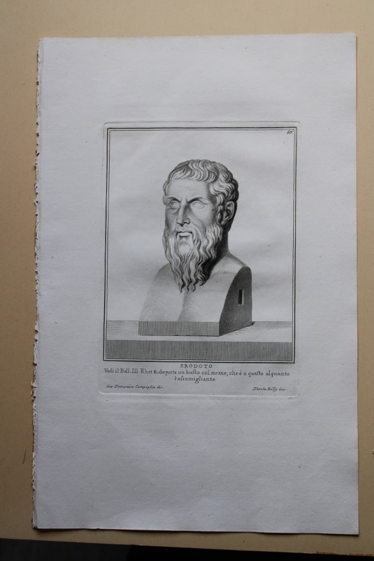 Giovanni Campiglia- Bust of Erodoto by Nicola Billy 1741: This engraving is from Del Museo Capitolino, Tomo I, Contente Immagi D'vomini illusti by Giovanni Bottari. Rome: si vente alla Calcografia Cambrale al Piede di Marmo 1741, Title translates as: Of the