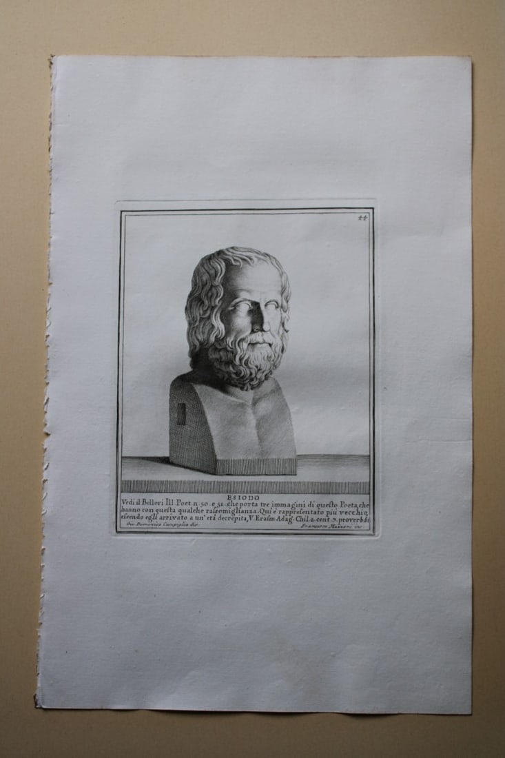 Giovanni Campiglia- Bust of Esiodo by Francesco Massoni 1741: This engraving is from Del Museo Capitolino, Tomo I, Contente Immagi D'vomini illusti by Giovanni Bottari. Rome: si vente alla Calcografia Cambrale al Piede di Marmo 1741, Title translates as: Of the