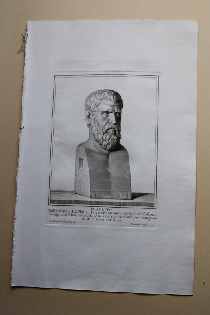 Giovanni Campiglia- Bust of Heraclitus by Francesco Massoni 1741: This engraving is from Del Museo Capitolino, Tomo I, Contente Immagi D'vomini illusti by Giovanni Bottari. Rome: si vente alla Calcografia Cambrale al Piede di Marmo 1741, Title translates as: Of the