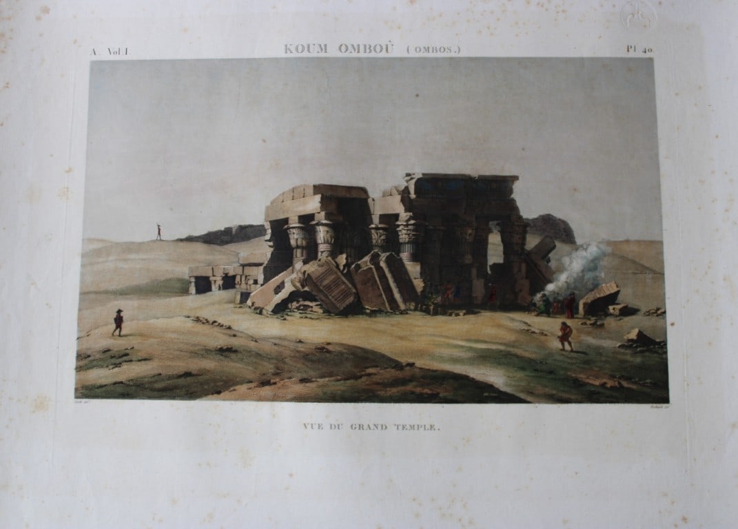 Description de l'Egypte - Grand Temple, Kom Ombo 1820-29: This rare coloured engraving is Plate 40 from Antiquities Volume 1 of Description de l'?gypte, ou Recueil des observations et des recherches qui ont ?t? faites en ?gypte pendant l'exp?dition de l'arm?