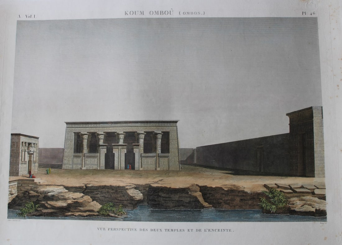 Description de l'Egypte - View of Temples, Kom Ombo 1820-29: This rare coloured engraving is Plate 46 - Vue perspective des deux temples et de l'enceinte, Koum Ombou (Ombos) from Antiquities Volume 1 of Description de l'?gypte, ou Recueil des observations et de