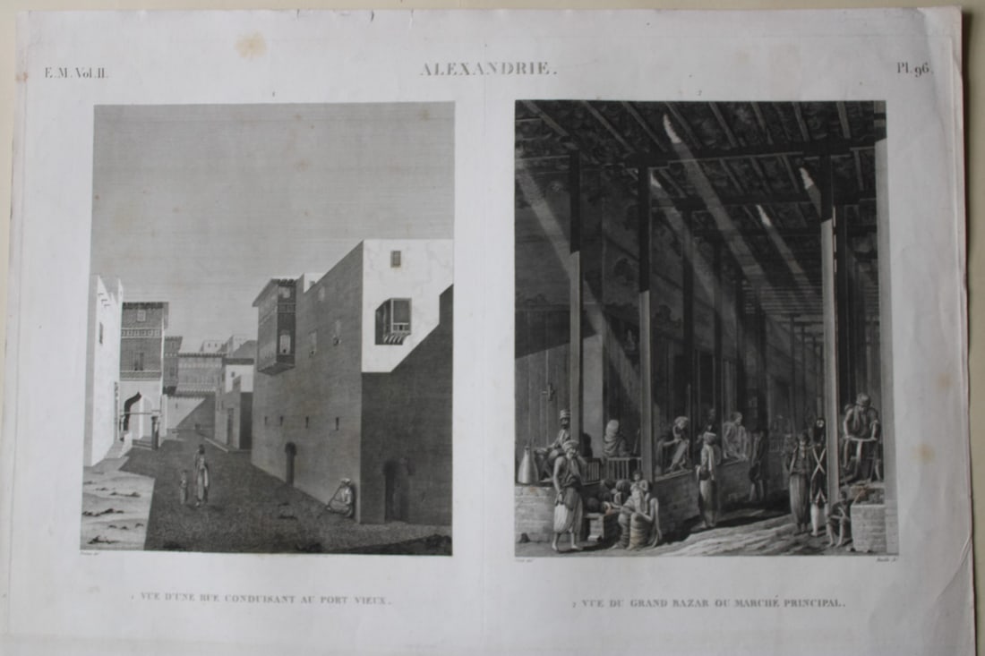 Description de l'Egypte - Grand Bazaar, Alexandria 1809: This engraving is Plate 96 - 1. Vue d'une rue conduisant au Port Vieux; 2. Vue du grand bazar ou march? principal from Etat Moderne Volume 2 of Description de l'?gypte, ou Recueil des observations et