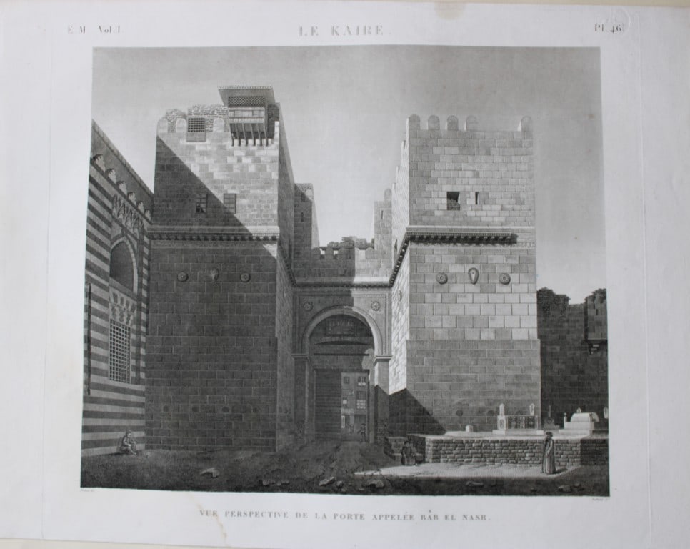 Description de l'Egypte - Bab el-Nasr, Cairo 1820-29: This engraving is Plate 46 - Vue perspective de la porte appel?e Bab el-Nasr, Le Kaire from Etat Moderne Volume 1 of Description de l'?gypte, ou Recueil des observations et des recherches qui ont ?t?