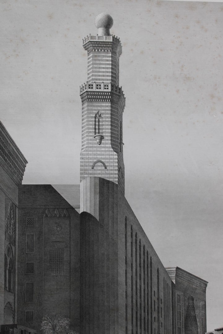 Description de l'Egypte - Sultan Hasan's mosque, Cairo 1820-29: This engraving is Plate 38 - Vue perspective ext?rieure de la Mosqu?e de Soult?n Hasanfrom Description de l'?gypte, ou Recueil des observations et des recherches qui ont ?t? faites en ?gypte pendant l