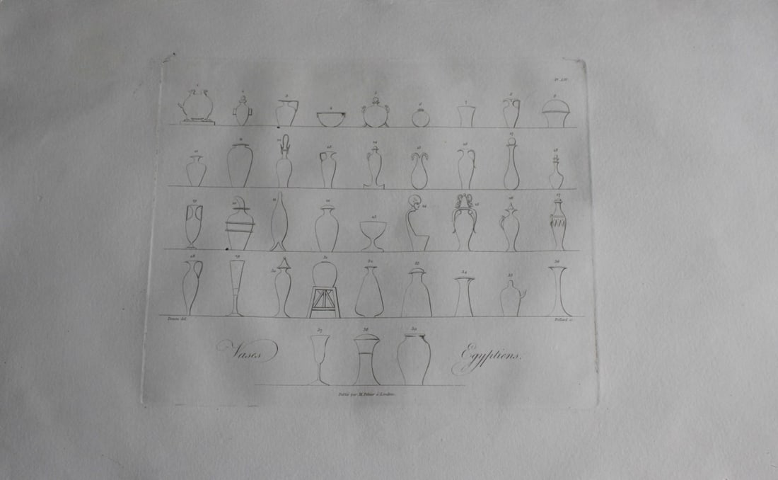 Vases Egyptiens by Vivant Denon 1807: This is plate 44 from the Voyage dans la Basse et la Haute-Egypte pendant les campagnes du General Bonaparte by Dominique Vivant Denon. Published by Samuel Bagster, London 1807.The first member of the