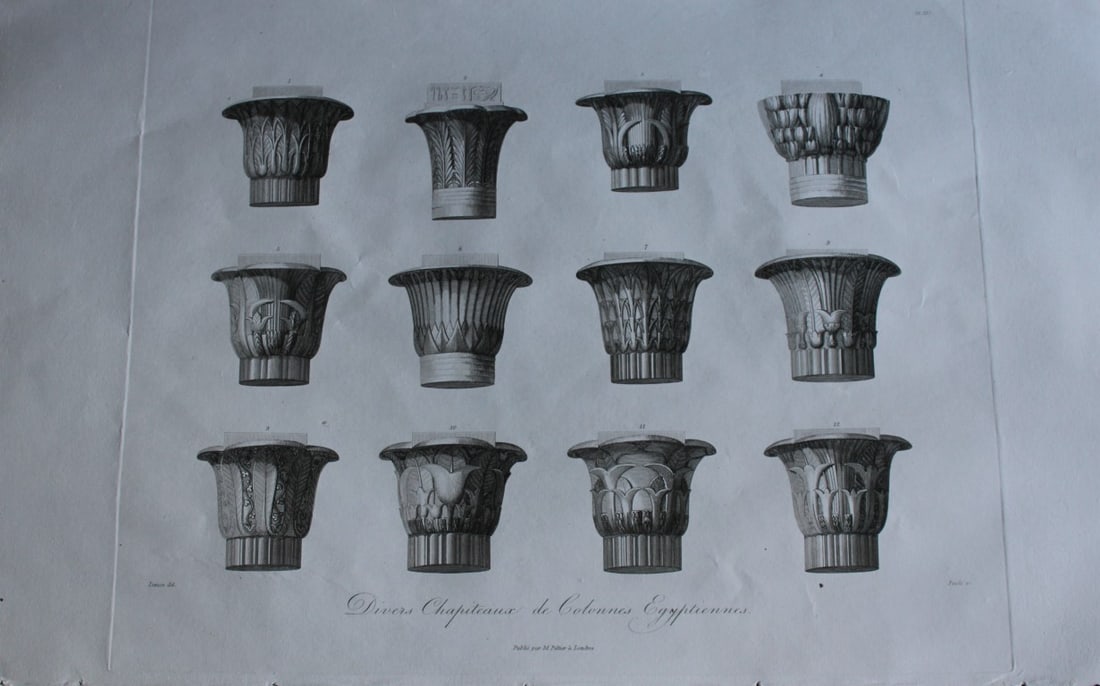 Chapiteaux de Colonnes by Vivant Denon 1807: This plate is from the Voyage dans la Basse et la Haute-Egypte pendant les campagnes du General Bonaparte by Dominique Vivant Denon. Published by Samuel Bagster, London 1807.The first member of the Fr
