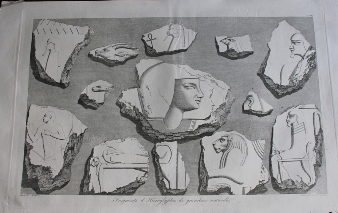 Fragments d'Hieroglyphiques by Vivant Denon 1807: This is plate 75 from the Voyage dans la Basse et la Haute-Egypte pendant les campagnes du General Bonaparte by Dominique Vivant Denon. Published by Samuel Bagster, London 1807.The first member of the