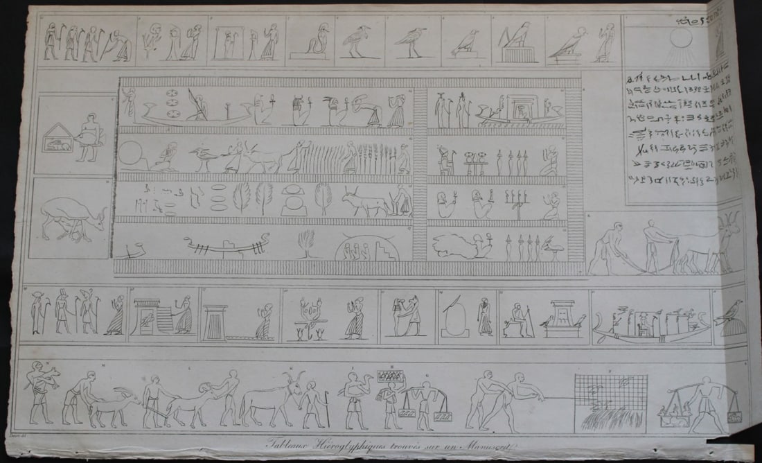 Tableaux Hieroglyphiques by Vivant Denon 1807: This plate is from the Voyage dans la Basse et la Haute-Egypte pendant les campagnes du General Bonaparte by Dominique Vivant Denon. Published by Samuel Bagster, London 1807.The first member of the Fr