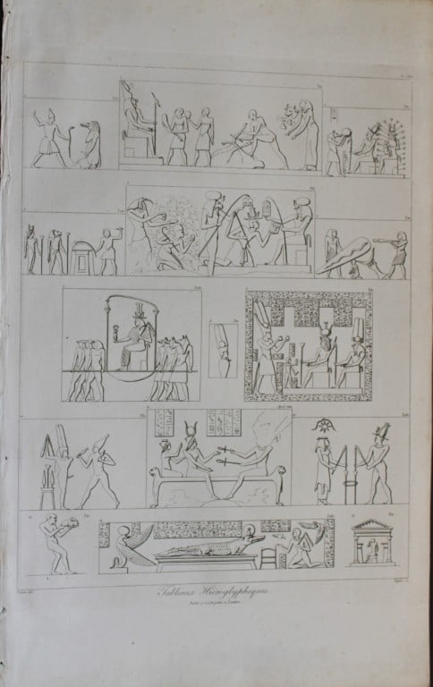 Tableaux Hieroglyphiques by Vivant Denon 1807: This plate is from the Voyage dans la Basse et la Haute-Egypte pendant les campagnes du General Bonaparte by Dominique Vivant Denon. Published by Samuel Bagster, London 1807.The first member of the Fr