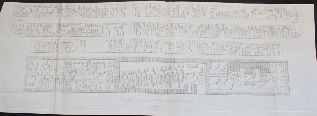 Hieroglyphiques a Tentyris by Vivant Denon 1807: This plate is from the Voyage dans la Basse et la Haute-Egypte pendant les campagnes du General Bonaparte by Dominique Vivant Denon. Published by Samuel Bagster, London 1807.The first member of the Fr