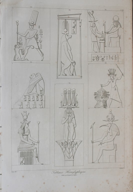 Tableaux Hieroglyphiques by Vivant Denon 1807: This is plate 67 from the Voyage dans la Basse et la Haute-Egypte pendant les campagnes du General Bonaparte by Dominique Vivant Denon. Published by Samuel Bagster, London 1807.The first member of the