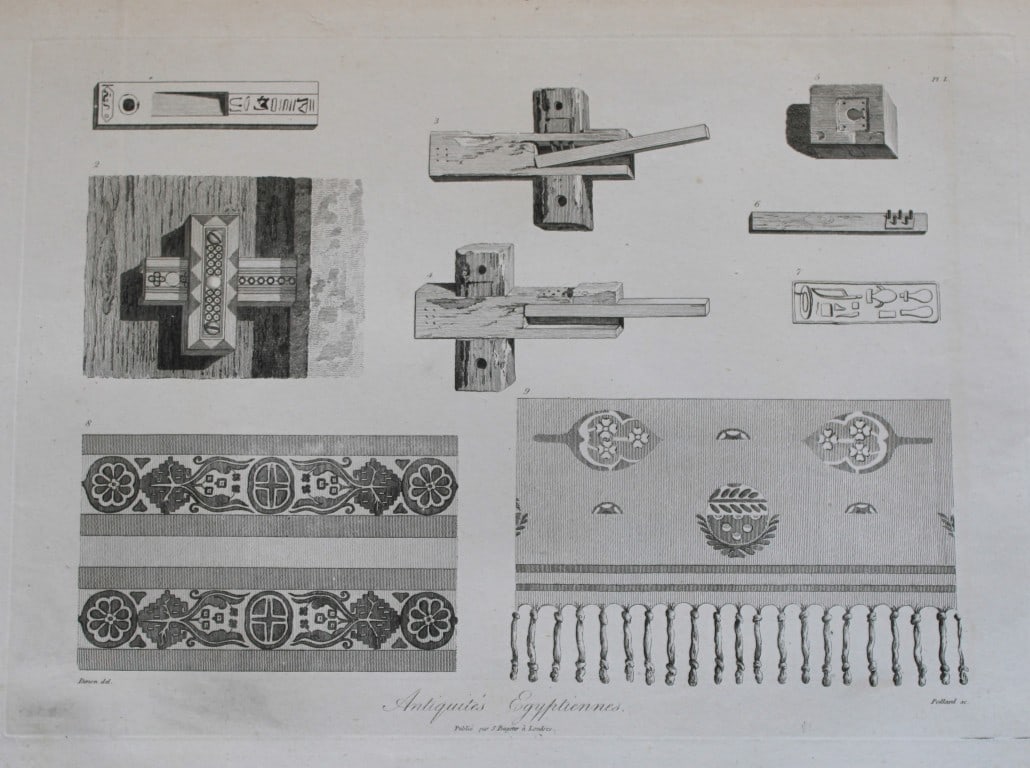 Antiques Egyptiennes by Vivant Denon 1807: This is plate 50 from the Voyage dans la Basse et la Haute-Egypte pendant les campagnes du General Bonaparte by Dominique Vivant Denon. Published by Samuel Bagster, London 1807.The first member of the