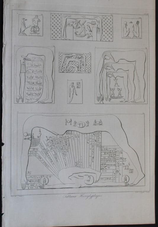 Tableaux Hieroglyphiques by Vivant Denon 1807: This is plate 71 from the Voyage dans la Basse et la Haute-Egypte pendant les campagnes du General Bonaparte by Dominique Vivant Denon. Published by Samuel Bagster, London 1807.The first member of the