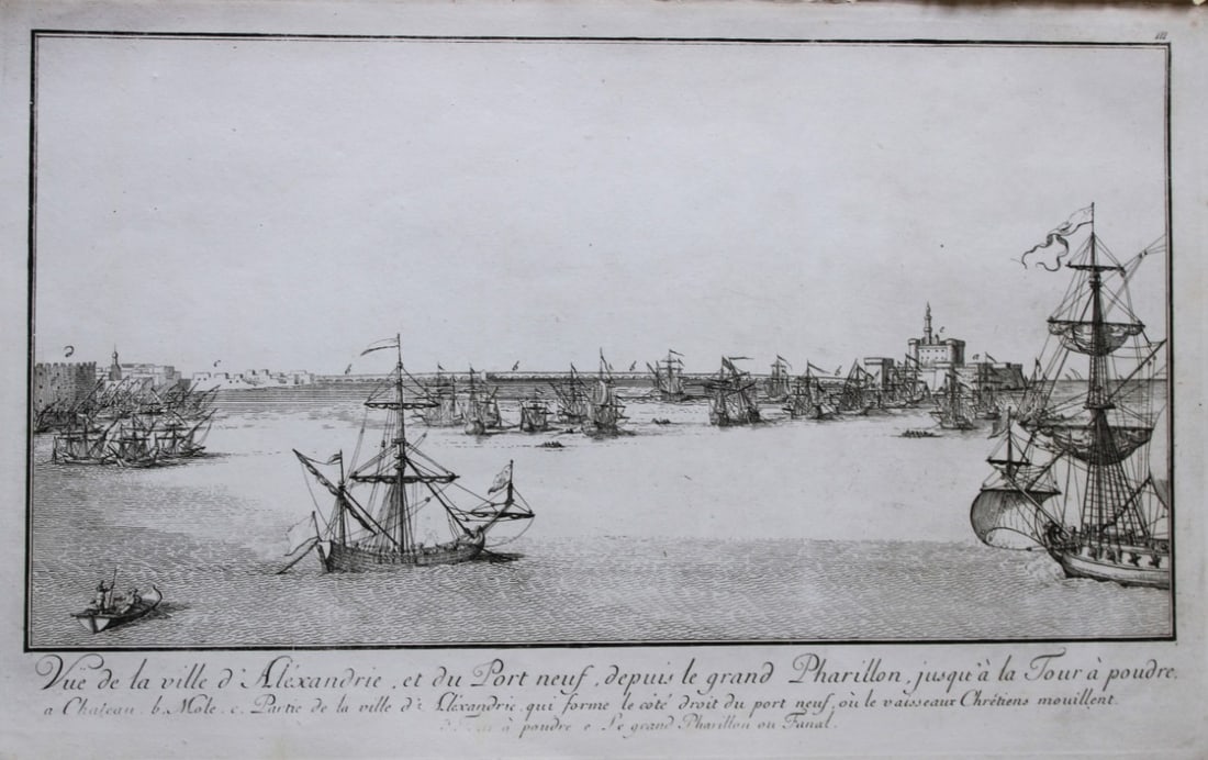 View of the port of Alexandria by Capt. FL Norden 1792: This copperplate engraving is from The Antiquities, Natural History, Ruins and Other Curiosities of Egypt, Nubia and Thebes by Frederic Lewis (or Ludvig) Norden. Printed for Edward Jeffreys, London 17