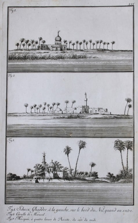 Scheck Ghadder by Capt. FL Norden 1792: This copperplate engraving is from The Antiquities, Natural History, Ruins and Other Curiosities of Egypt, Nubia and Thebes by Frederic Lewis (or Ludvig) Norden. Printed for Edward Jeffreys, London 17
