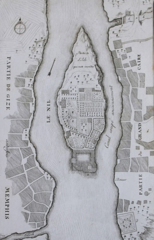Plan of L'Isle de Rodda by Capt. FL Norden 1792: This copperplate engraving is from The Antiquities, Natural History, Ruins and Other Curiosities of Egypt, Nubia and Thebes by Frederic Lewis (or Ludvig) Norden. Printed for Edward Jeffreys, London 17