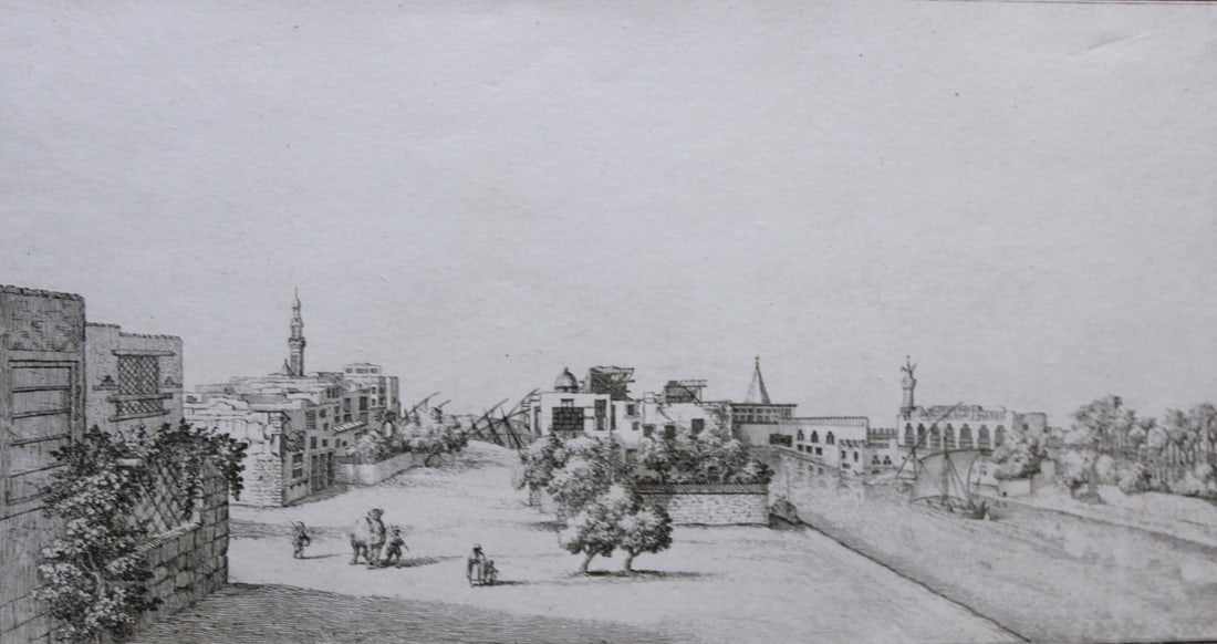 View of town of Deir Etiin by Capt. FL Norden 1792: This copperplate engraving is from The Antiquities, Natural History, Ruins and Other Curiosities of Egypt, Nubia and Thebes by Frederic Lewis (or Ludvig) Norden. Printed for Edward Jeffreys, London 17