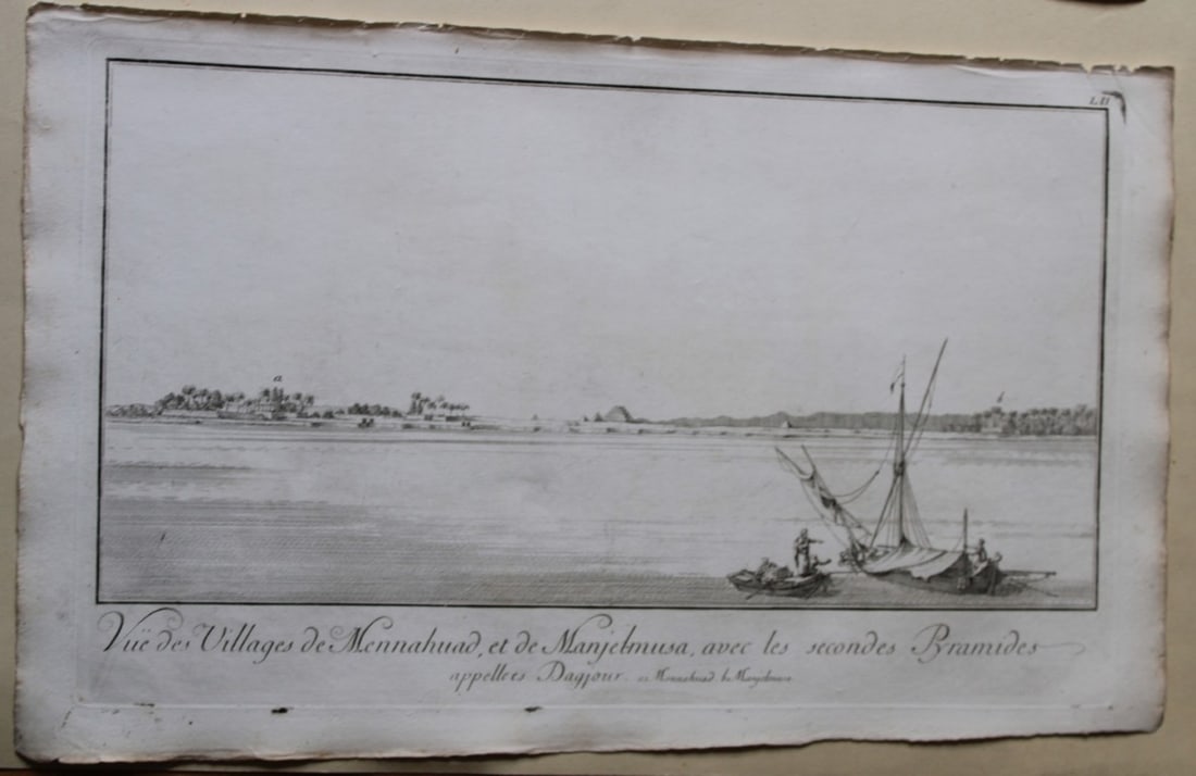View of Village of Mennahuad by Capt. FL Norden 1792: This copperplate engraving is from The Antiquities, Natural History, Ruins and Other Curiosities of Egypt, Nubia and Thebes by Frederic Lewis (or Ludvig) Norden. Printed for Edward Jeffreys, London 17