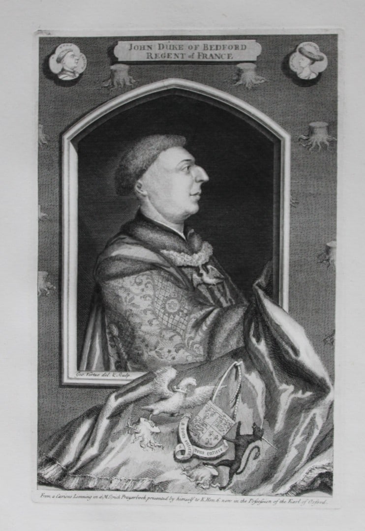 George Vertue - Rare folio engraving John, Duke of Bedford 1736: A rare original large format engraving by George Vertue from The Heads of the Kings of England proper for Mr. Rapin's History. Published by James, John, and Paul Knapton 1736. Originally issued in Rap