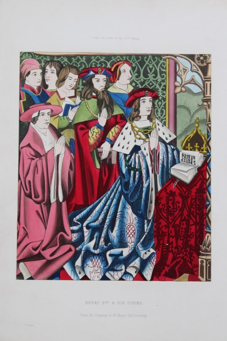 Henry Shaw - Hand-coloured engraving of Henry VI and his Court 1858: This exquisite engraving is from Dresses and Decorations of the Middle Ages from The Seventh to The Seventeenth Centuries by Henry Shaw. Published by Henry G Bohn London, 1858.Sheet size: approximatel