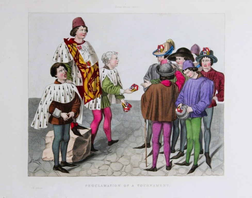 Henry Shaw - Hand-coloured engraving of the Proclamation of a Tournament 1858: This exquisite engraving is from Dresses and Decorations of the Middle Ages from The Seventh to The Seventeenth Centuries by Henry Shaw. Published by Henry G Bohn London, 1858.Sheet size: approximatel