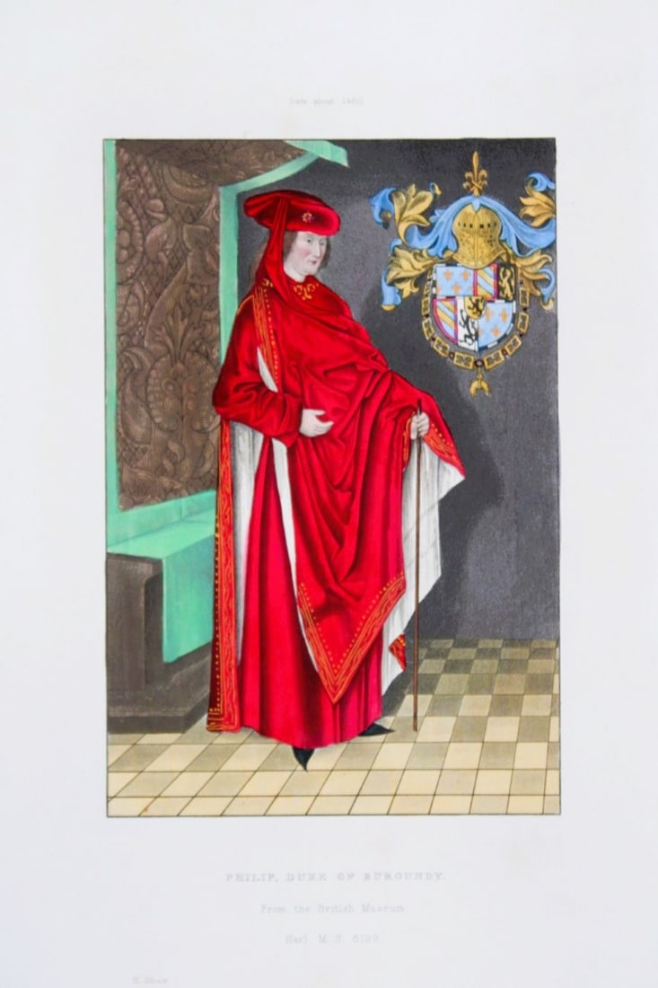 Henry Shaw - Hand-coloured engraving of Philip, Duke of Burgundy 1858: This exquisite engraving is from Dresses and Decorations of the Middle Ages from The Seventh to The Seventeenth Centuries by Henry Shaw. Published by Henry G Bohn London, 1858.Sheet size: approximatel