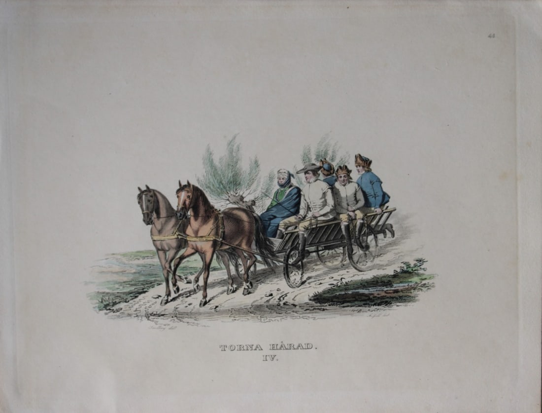 Forssell and Sandberg - Hand coloured lithograph of Torna Harad, Sweden by Forssell 1836: This hand-coloured lithograph of Swedish folk costumes and views is from Une Annee en Suede (A year in Sweden) by CD Forssell and JG Sandberg. Published by LJ Hjerta, Stockholm 1836.The plates depict